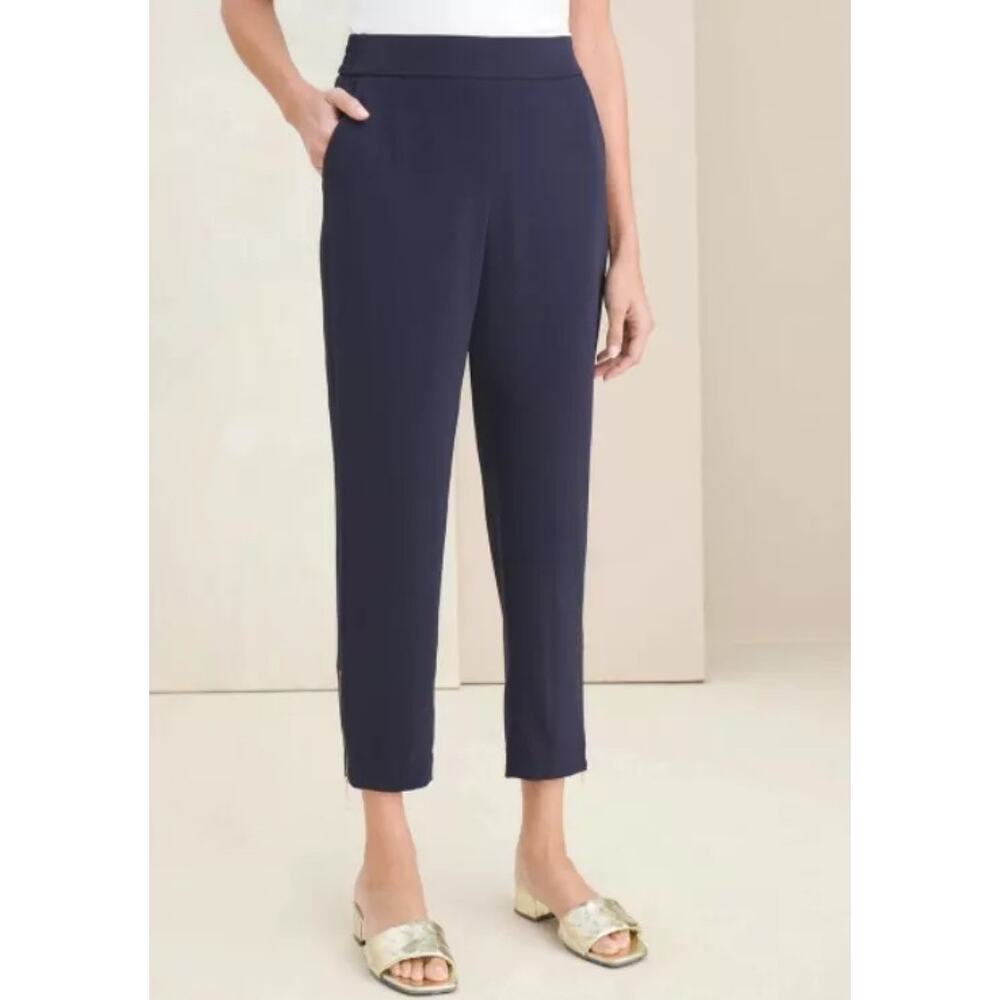 Chicos Navy Blue MATCH BACK WOVEN Elastic Waist Pull-On Ankle Zip Crop Pants XL